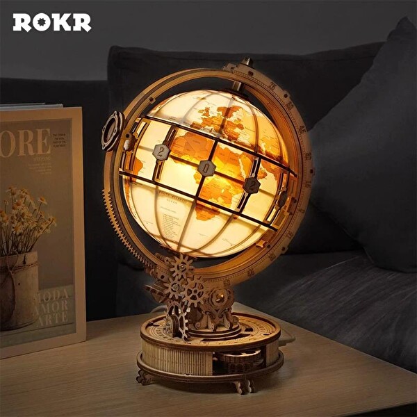 Rokr ST003 Işıklı Küre Luminous Globe DIY Mechanical 3D Puzzle Maket Model Seti Detaylı Dekoratif Hobi Seti Ahşap Maket