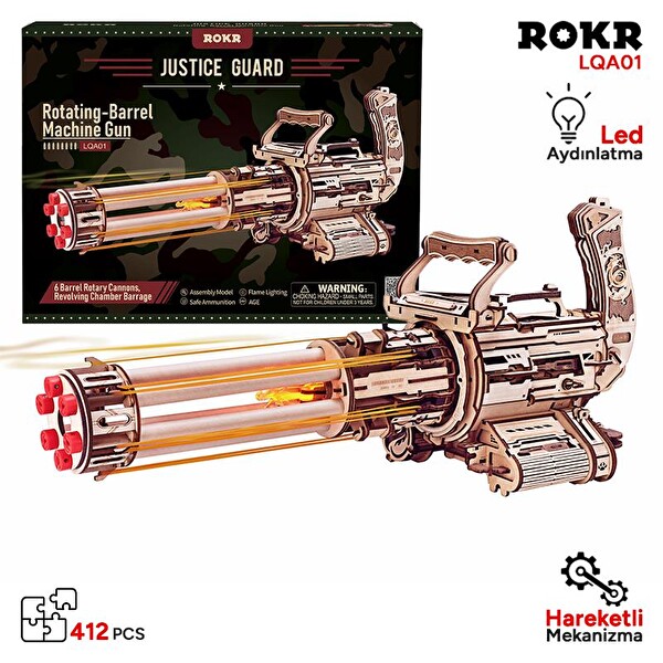 Rokr LQA01 AK-47 Rotating-Barrel Machine Gun DIY Minyatür Maket Model Seti Ahşap 3D Wooden Puzzle Detaylı Dekoratif Hobi Kiti