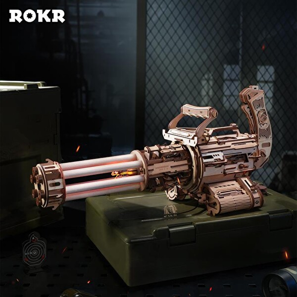 Rokr LQA01 AK-47 Rotating-Barrel Machine Gun DIY Minyatür Maket Model Seti Ahşap 3D Wooden Puzzle Detaylı Dekoratif Hobi Kiti