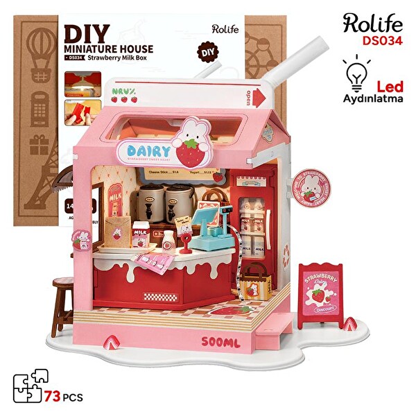 Rolife DS034 Strawberry Milk Box DIY Minyatür Süt Dükkanı Maketi 3D Model Kit