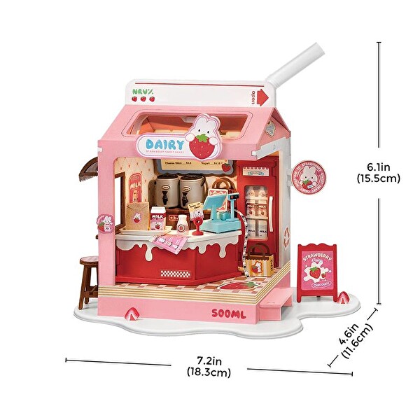 Rolife DS034 Strawberry Milk Box DIY Minyatür Süt Dükkanı Maketi 3D Model Kit