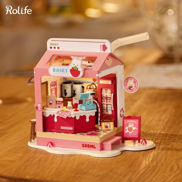 Rolife DS034 Strawberry Milk Box DIY Minyatür Süt Dükkanı Maketi 3D Model Kit