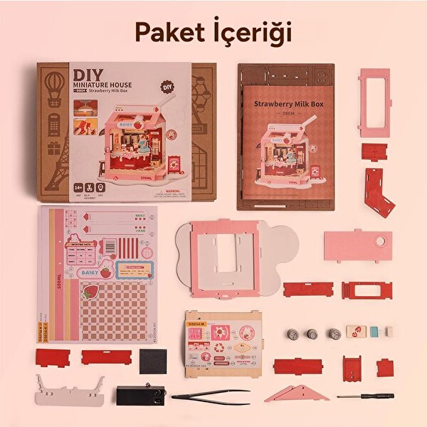 Rolife DS034 Strawberry Milk Box DIY Minyatür Süt Dükkanı Maketi 3D Model Kit