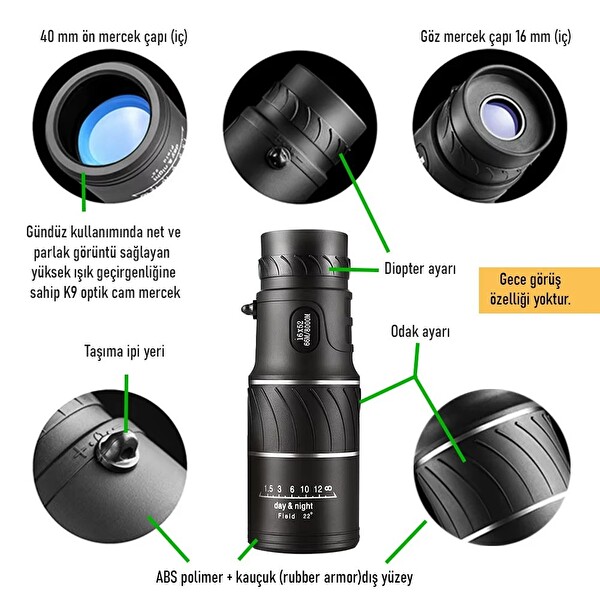 Upway HD K9 Optik Cam Lens 10X Yakınlaştırma 16X52 Monoküler Dürbün