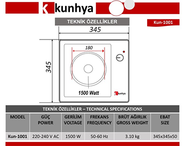 Kunhya 1001-1 Tek Gözlü Elektrikli Siyah Emaye Set Üstü Ocak