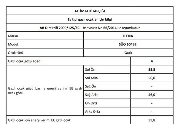 Tecna SÜO 604BE 4 Gözlü Gazlı LPG Set Üstü Ocak Beyaz