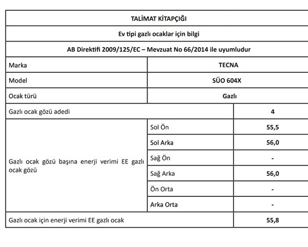 Tecna Süo 604X 4 Gözlü Doğalgazlı Set Üstü Ocak Inox