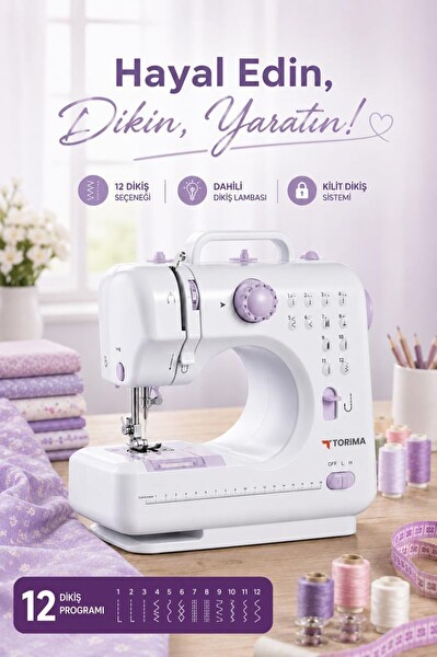 Torima DM01 12 Desenli Pedallı Ev Tipi Beyaz Mini Dikiş Makinesi