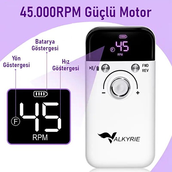 Valkyrie Profesyonel Şarjlı Tırnak Frezesi 45000 RPM LCD 2000mAh Manikür Pedikür Makinesi