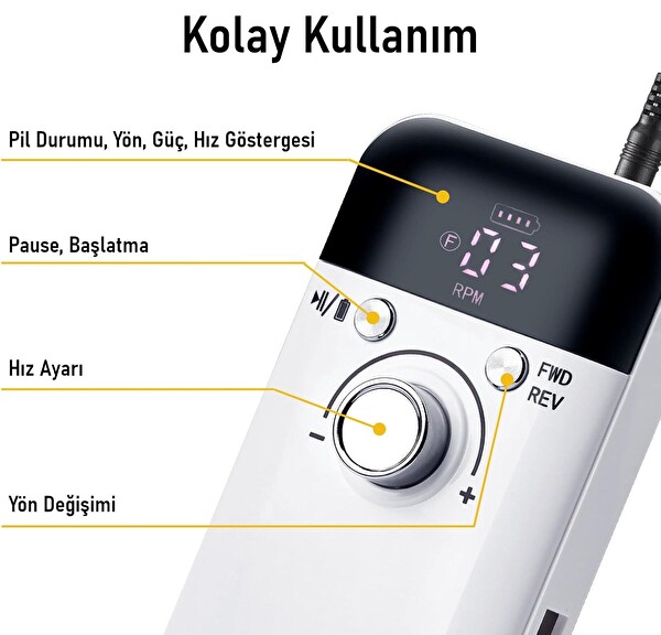 Valkyrie Profesyonel Şarjlı Tırnak Frezesi 45000 RPM LCD 2000mAh Manikür Pedikür Makinesi