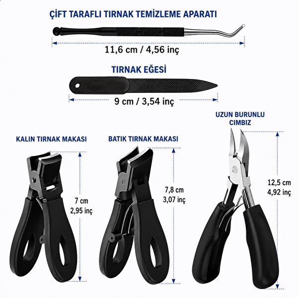 Valkyrie 5 Parça Kalın Tırnak Kesici Tırnak Eğesi Temizleme Aparatı ve Cımbızlı Pedikür Seti