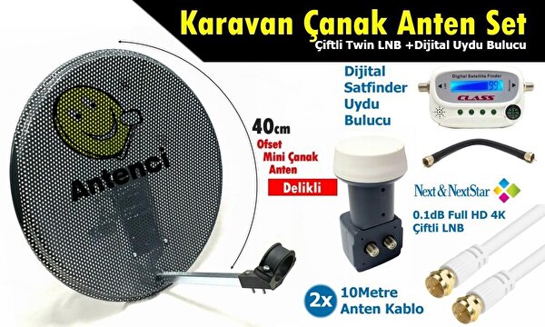 Antenci Antenci 40 CM Delikli Karavan Çanak Anten Seti + Digital Uydu Bulucu + Çiftli LNB