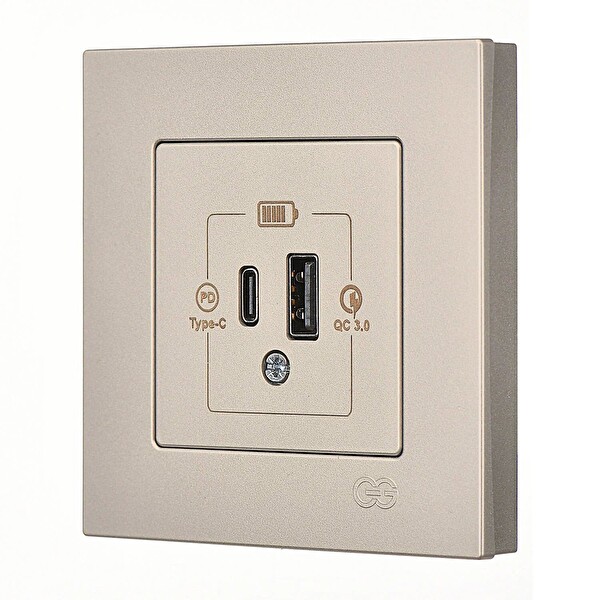 Günsan Eqona Metalik Bej Şarj Prizi 20W QC3.0 PD Type-C + USB Çift Çıkışlı