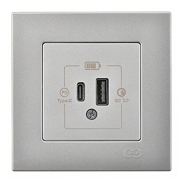 Günsan Eqona Gümüş Şarj Prizi 20W QC3.0 PD Type-C - USB Çift Çıkışlı
