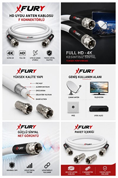 Fury HD Uydu Anten Kablosu 20 Metre F Konnektörlü Full HD 4K TV Kablosu