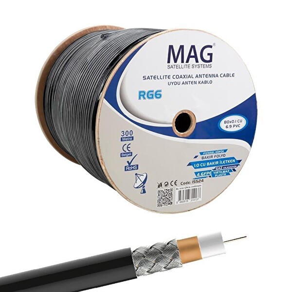 Mag RG6-U6 Bakır Anten Kablosu - Siyah 300 Metre