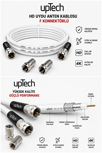 Uptech HD Uydu Anten Kablosu 15 Metre F Konnektörlü Full HD 4K TV Kablosu