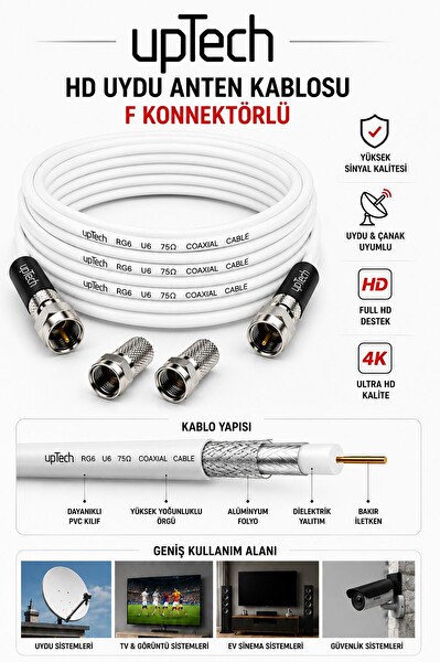 Uptech HD Uydu Anten Kablosu 5 Metre F Konnektörlü Full HD 4K TV Kablosu