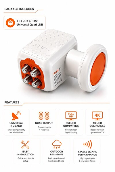 Fury SP-401 Dörtlü Universal LNB Full HD 4K UHD Çanak Anten Uydu Alıcı Başlığı