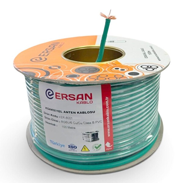 Ersan Kablo RG6U6 CU-CU Yeşil Bakır Anten Kablosu - 100 Metre 64 Tel