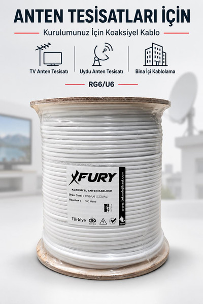 Fury RG6-U6 48 Tel Koaksiyel TV ve Uydu Anten Kablosu 300 M
