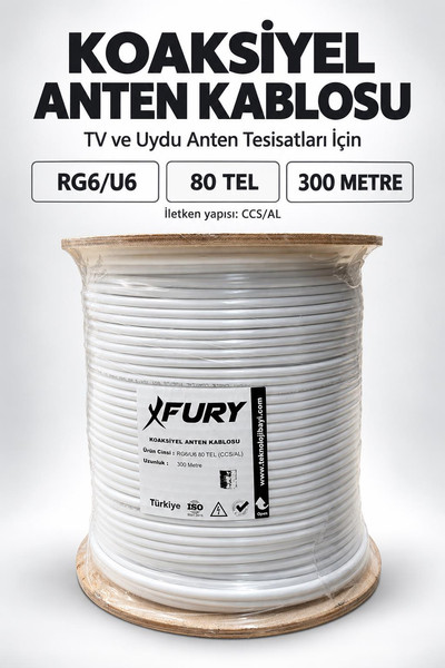 Fury RG6-U6 80 Tel Koaksiyel TV ve Uydu Anten Kablosu 300 M