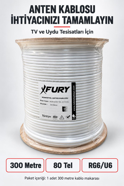 Fury RG6-U6 80 Tel Koaksiyel TV ve Uydu Anten Kablosu 300 M