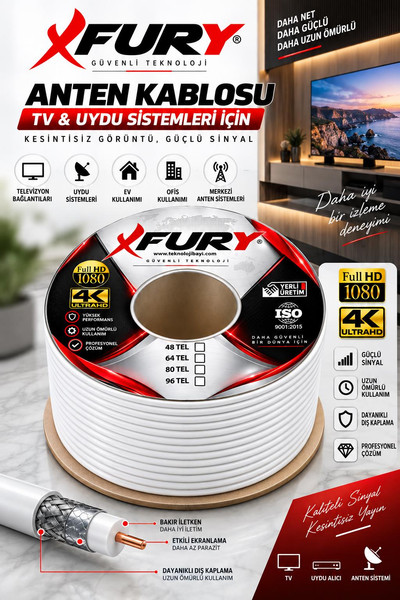 Fury RG6-U6 80 Tel Koaksiyel TV ve Uydu Anten Kablosu 100 M