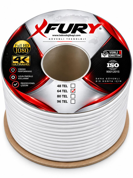 Fury RG6-U6 64 Tel Koaksiyel TV ve Uydu Anten Kablosu 100 M