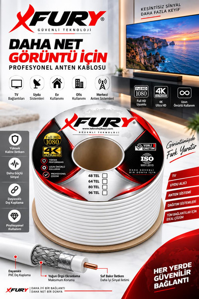 Fury RG6-U6 64 Tel Koaksiyel TV ve Uydu Anten Kablosu 100 M
