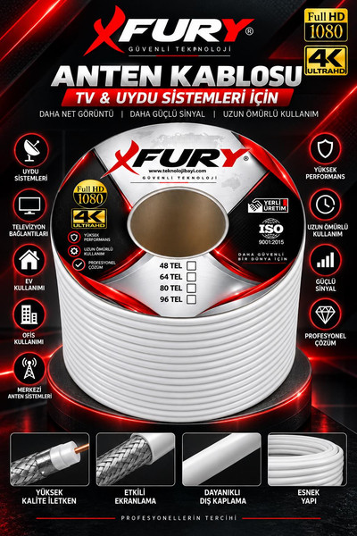 Fury RG6-U6 48 Tel Koaksiyel TV ve Uydu Anten Kablosu 100 M