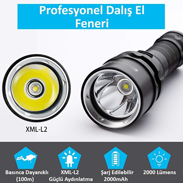 Valkyrie Şarjlı Yüksek Aydınlatma Su Geçirmez Alüminyum Kasa 2000 mAh Kutulu Profesyonel Su Altı Dalış Feneri
