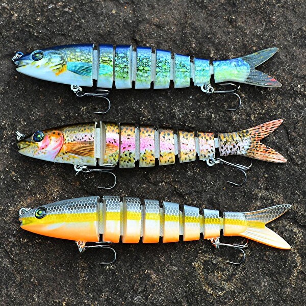 Valkyrie 8 Eklemli 3D Oynak Rapala Tatlı ve Tuzlu Su Uyumlu Wobblers Swimbait Sahte Balık Yem Seti - 3 Adet