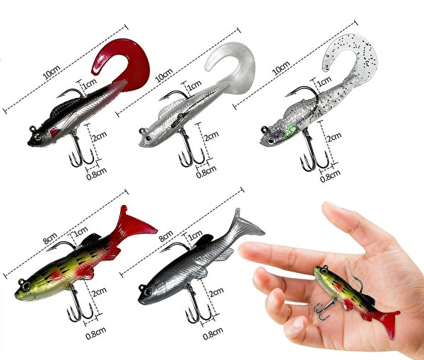 Valkyrie Yumuşak Silikon Sırtlı Çift İğneli Wobbler T-Tail Tatlı ve Tuzlu Su Uyumlu Sahte Olta Yem Seti - 5 Adet