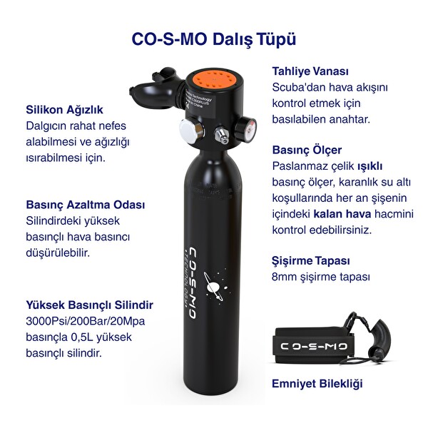 Cosmo Technology Taşınabilir Dalış Seti - Doldurulabilir Mini Tüp ve Şnorkel Maskesi