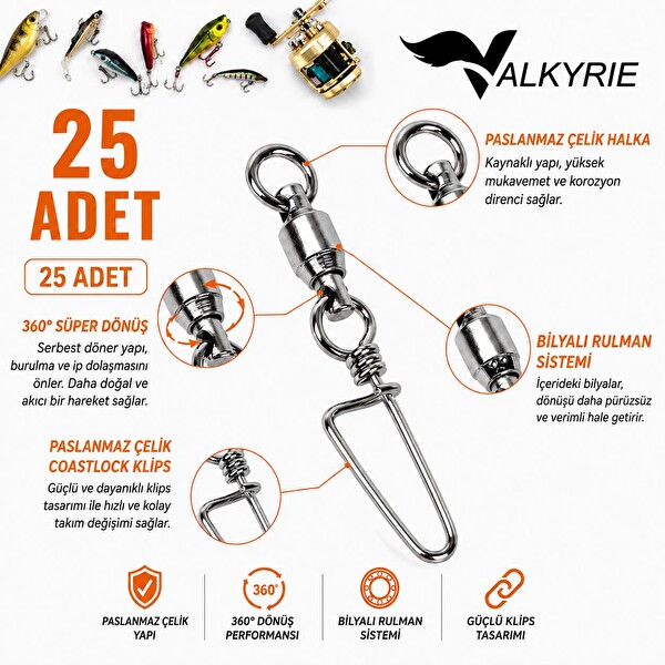 Valkyrie 25 Adet Rulmanlı Döner Klips Coastlock Snap – 360° Paslanmaz Çelik Fırdöndü Set #6