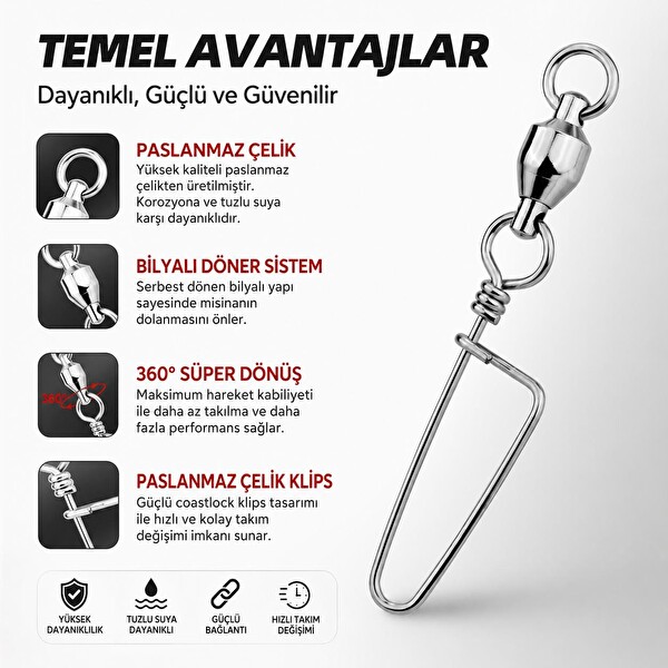 Valkyrie 25 Adet Rulmanlı Döner Klips Coastlock Snap – 360° Paslanmaz Çelik Fırdöndü Set #4