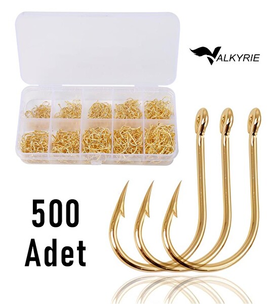 Valkyrie 500 Adet Altın Renk Olta İğnesi Seti – 10 Farklı Boy Paslanmaz Çelik Halkalı Keskin Balık Kancası