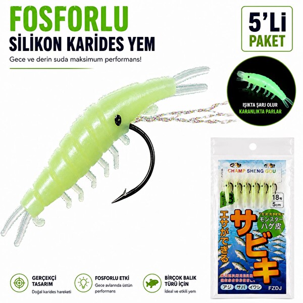 Valkyrie Fosforlu Silikon Karides 5’li İğne x 5 Paket Hazır Gece Parlayan LRF Olta Yemi #18