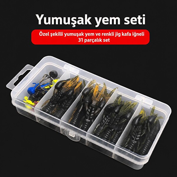 Valkyrie 30 Parça Yumuşak Karides Jig Başlı Kutulu Silikon Olta Yemi Seti
