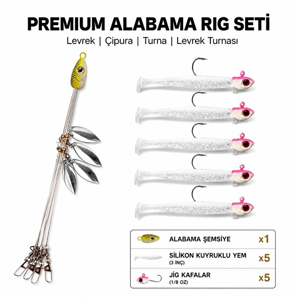 Valkyrie Alabama Rig Seti 1 Şemsiye 5 Jig Kafa 5 Silikon Yem Hazır Turna Levrek Avı Spinner Rig Takımı