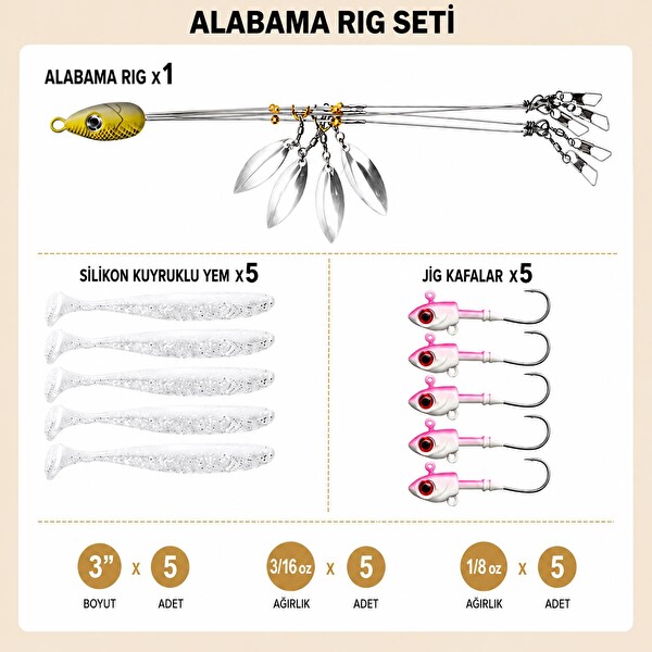 Valkyrie Alabama Rig Seti 1 Şemsiye 5 Jig Kafa 5 Silikon Yem Hazır Turna Levrek Avı Spinner Rig Takımı