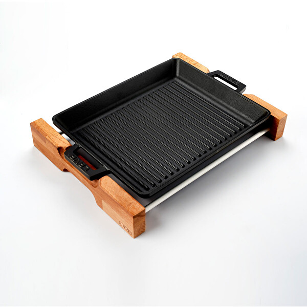 Lava Yekpare 26x32 CM Döküm Kayın Servis Ahşabı Çift Kulplu Dikdörtgen Izgara Tavası LV ECO GT 2632 T3 K4