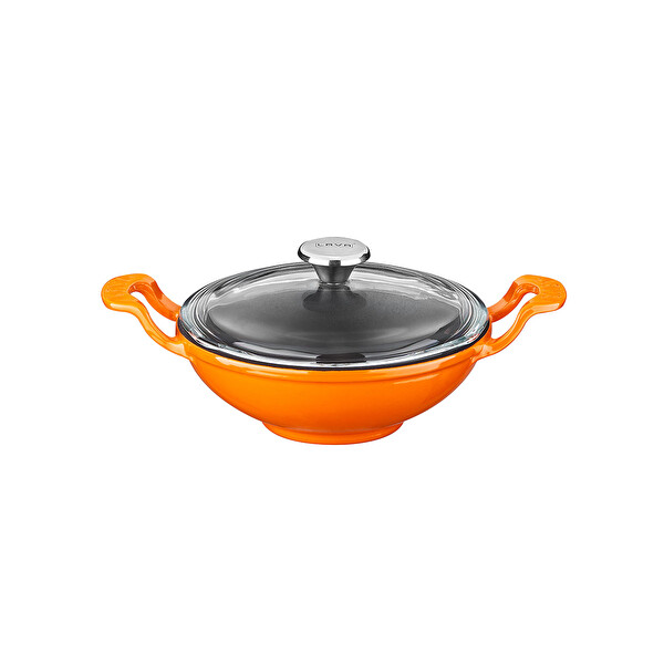 Lava Yekpare 16 CM Döküm Kulplu Cam Kapaklı Mini Turuncu Wok LV WOK 16 K3 O