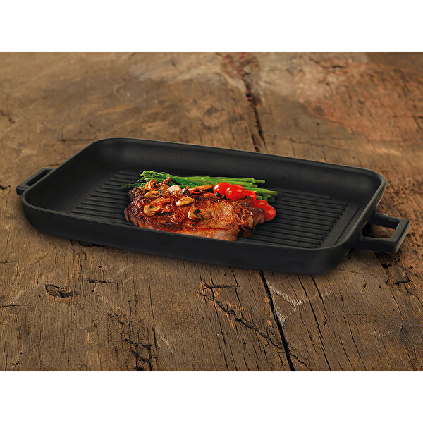Lava Yekpare 31x42 CM Kayın Servis Ahşabı Ve Döküm Çift Kulplu Dikdörtgen Izgara Tepsi LV ECO GT 3142 K4