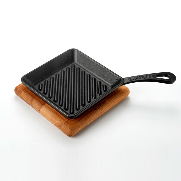 Lava Döküm Kayın Ahşap Altlıklı Döküm Demir Yekpare Saplı 16x16 CM Mini Kare Izgara Tava LV ECO P GT 1616 K4