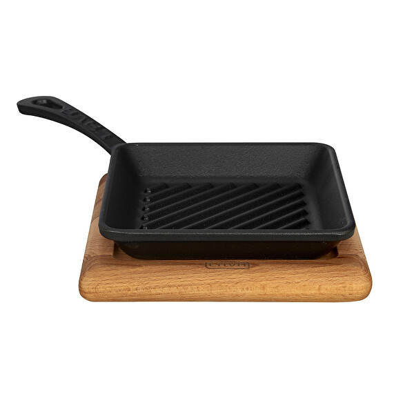 Lava Döküm Kayın Ahşap Altlıklı Döküm Demir Yekpare Saplı 16x16 CM Mini Kare Izgara Tava LV ECO P GT 1616 K4