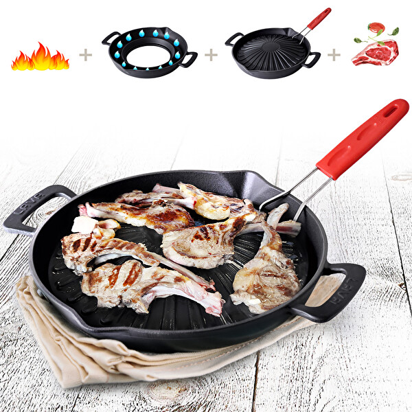 Lava Döküm Genghis Khan Grill Çift Kulp Ve Silikon Tel Saplı 32 CM Yuvarlak Izgara Tavası LV ECO GT 32 GENGHIS KHAN