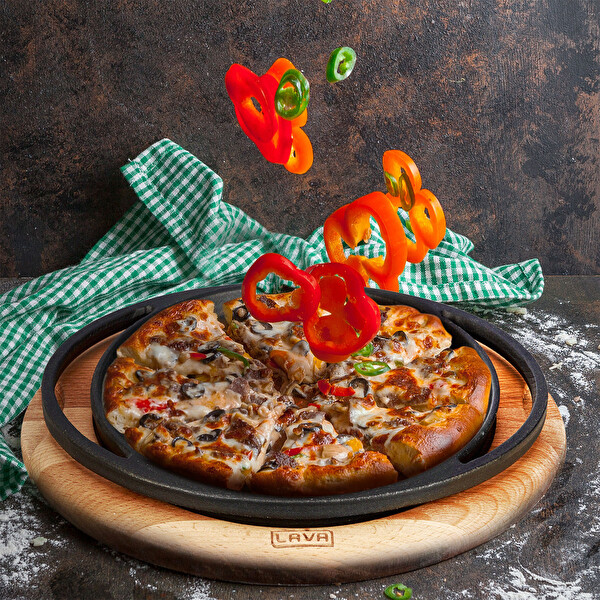 Lava Yekpare Çap 20 CM Çift Kulplu Döküm Demir Yuvarlak Pizza Krep Tavası - Kayın Servis Ahşabı LV ECO Y PZ 20 K4