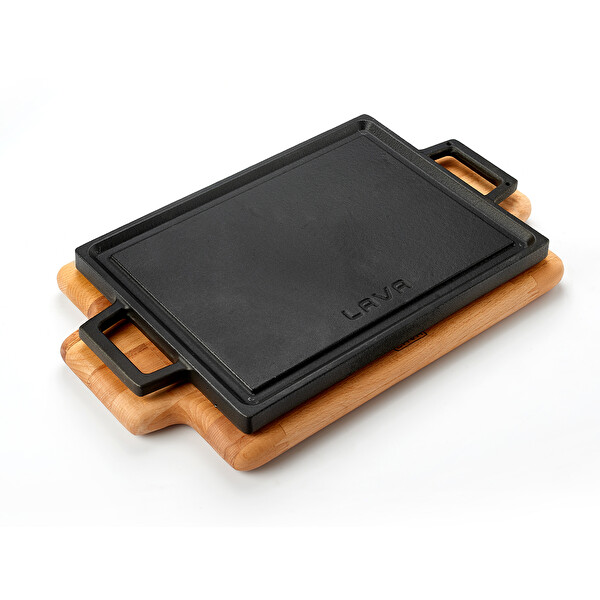 Lava Döküm Demir 22x30 CM Yekpare Kulplu Dikdörtgen Çift Yön Izgara Hot Plate Kayın Servis Ahşabı LV ECO HP 2230 T13 K4